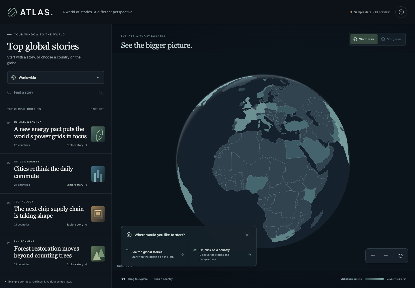 Atlas news explorer with top global stories beside an interactive world globe